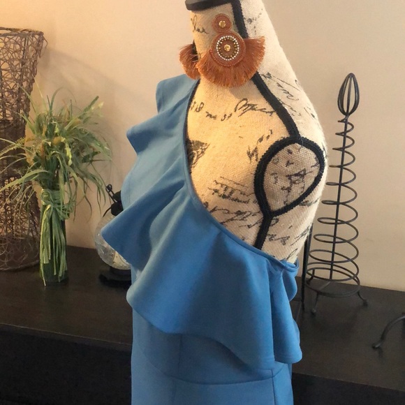 🔵Slate Blue Curvy One Shoulder Ruffle Dress - Picture 3 of 7